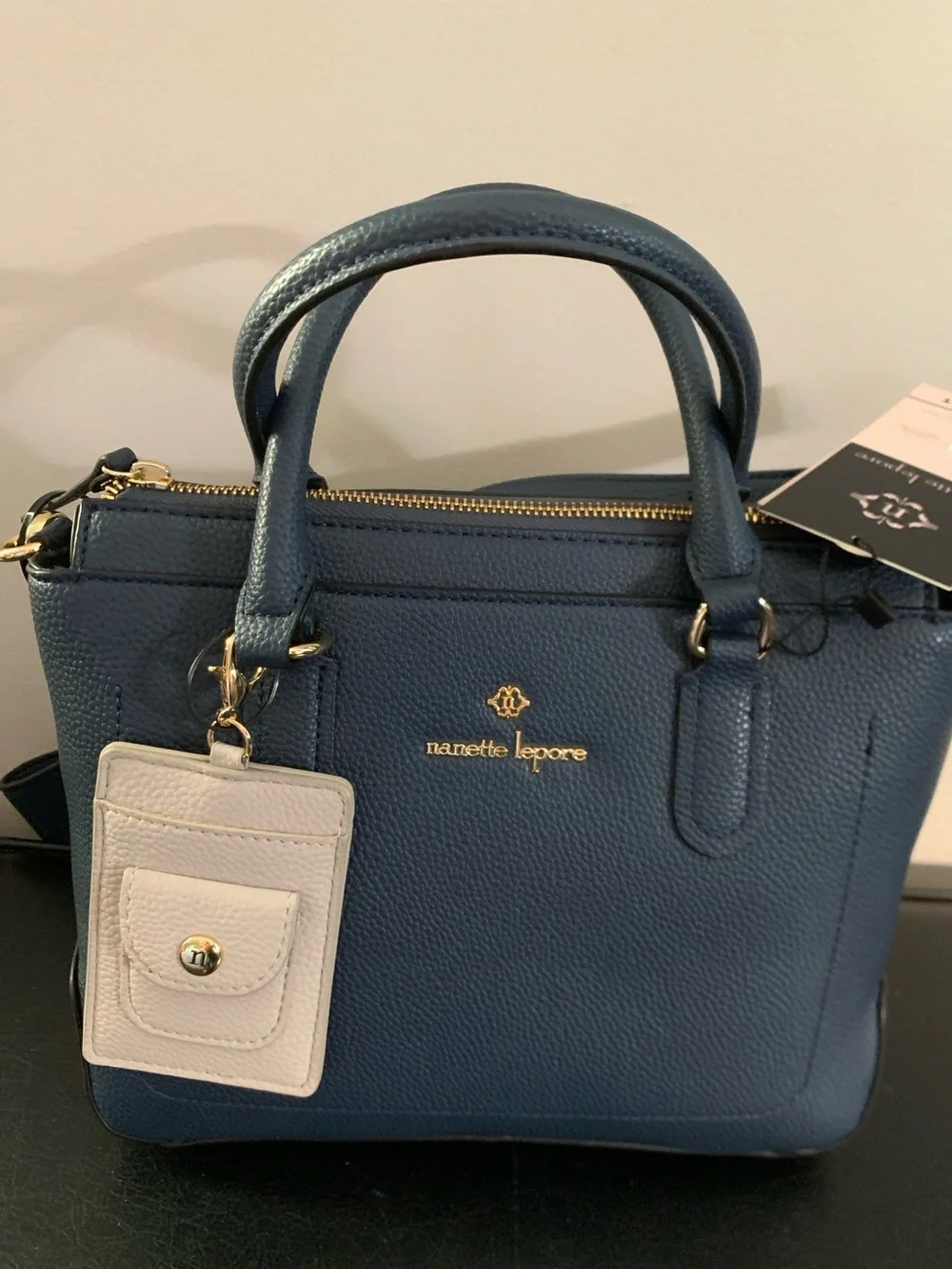 Nanette Lepore Blue Pebbled Leather Satchel with Cream Cardholder